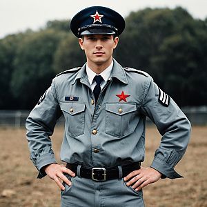 Young Man in Vintage Military Uniform with Red Star