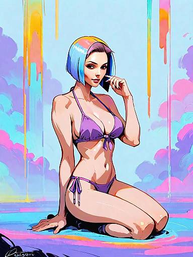 Digital Illustration of Woman in Purple Bikini with Colorful Bob Hair and Pop Art Style