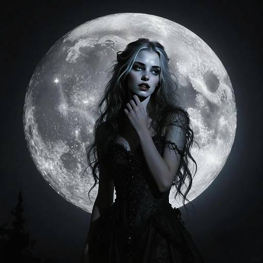 Mysterious Woman in Gothic Dress With Full Moon Background