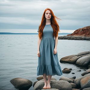 Woman in Blue Dress by the Sea