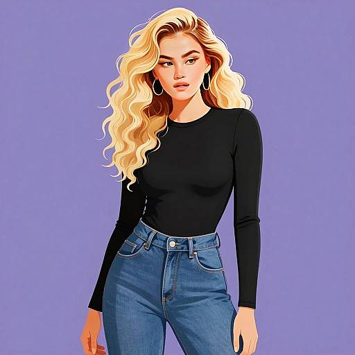 Stylish Young Woman in Black Top and Jeans Digital Illustration