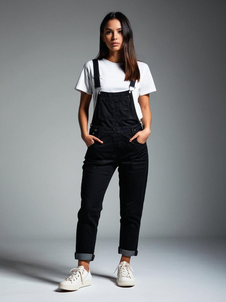 Woman in Casual Black Denim Overalls with White T-Shirt and Sneakers
