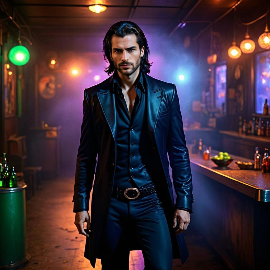 Charismatic Man in Noir-Inspired Bar