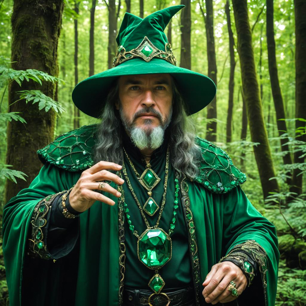 Powerful Wizard in Emerald Robe in Enchanted Forest