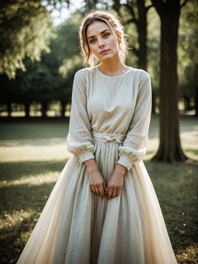 Serene Woman in Elegant Dress in Green Park