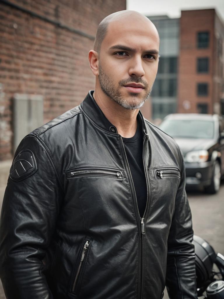 Confident Man in Black Leather Jacket in Urban Setting