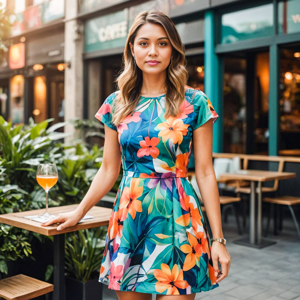 Stylish Woman in Floral Dress at Outdoor Cafe