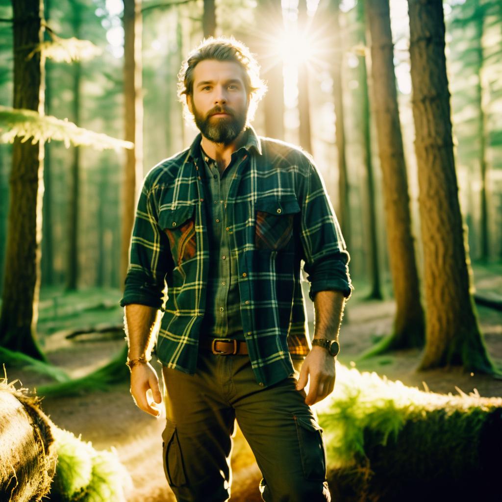 Rugged Man in Serene Forest at Golden Hour