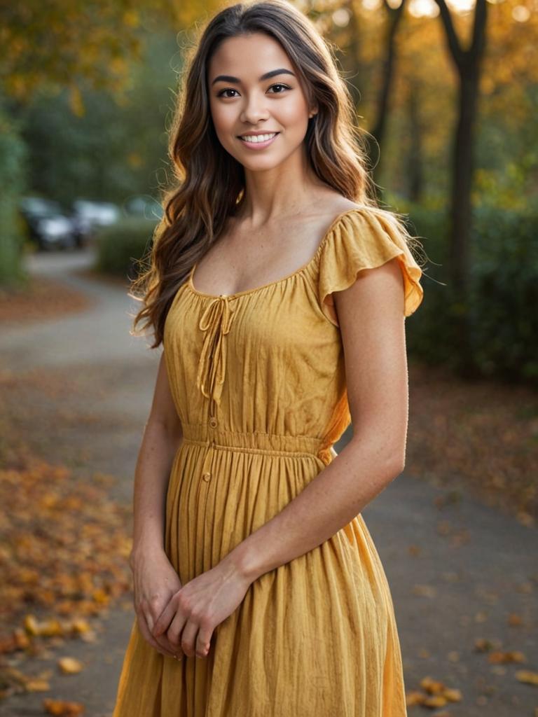 Woman in mustard yellow dress with autumn backdrop