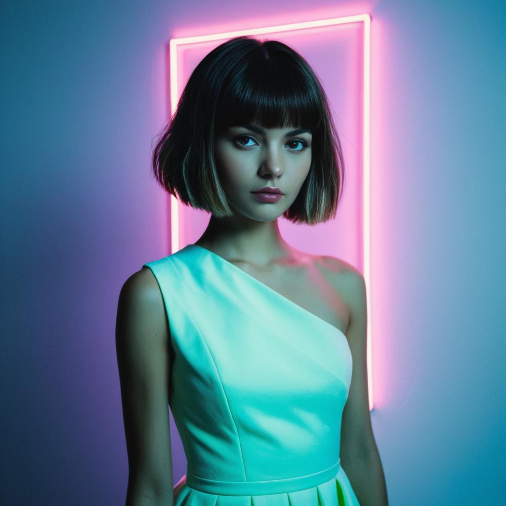 Young Woman in One-Shoulder Dress with Neon Pink and Blue Lighting