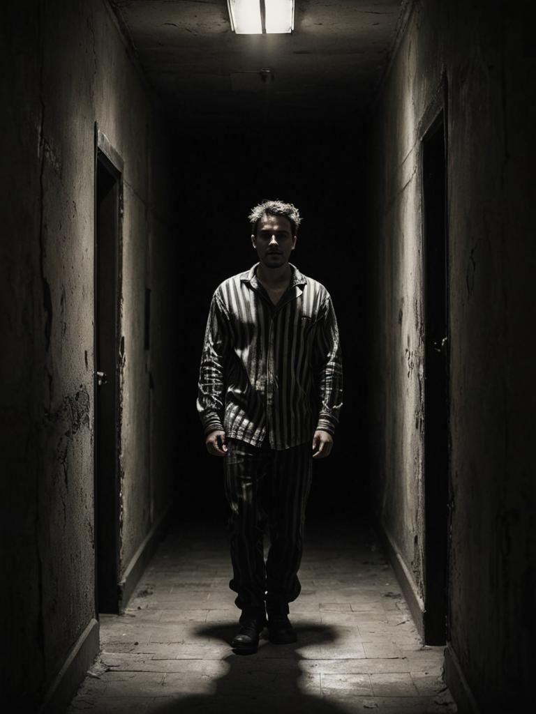 Solemn Man in Prisoner Clothes in Noir Jail Hallway