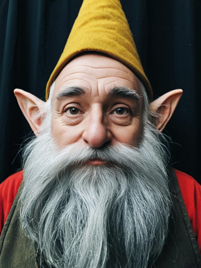 Adult Man in Detailed Gnome Costume with Long White Beard and Yellow Hat