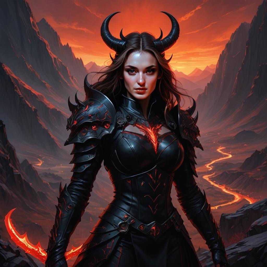 Dark Fantasy Woman Warrior in Horned Black Armor at Volcanic Sunset