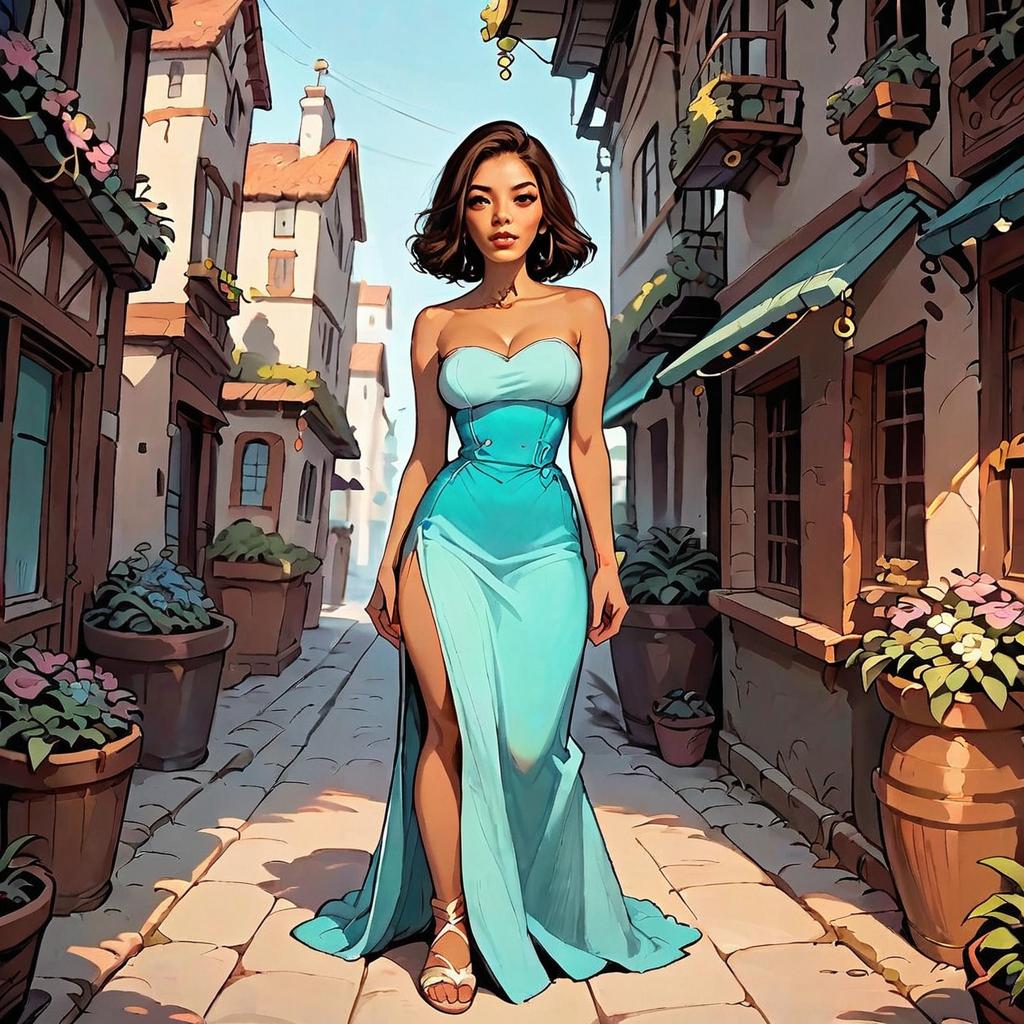 Stylish Woman in Turquoise Gown Walking Through Quaint Mediterranean Street Illustration