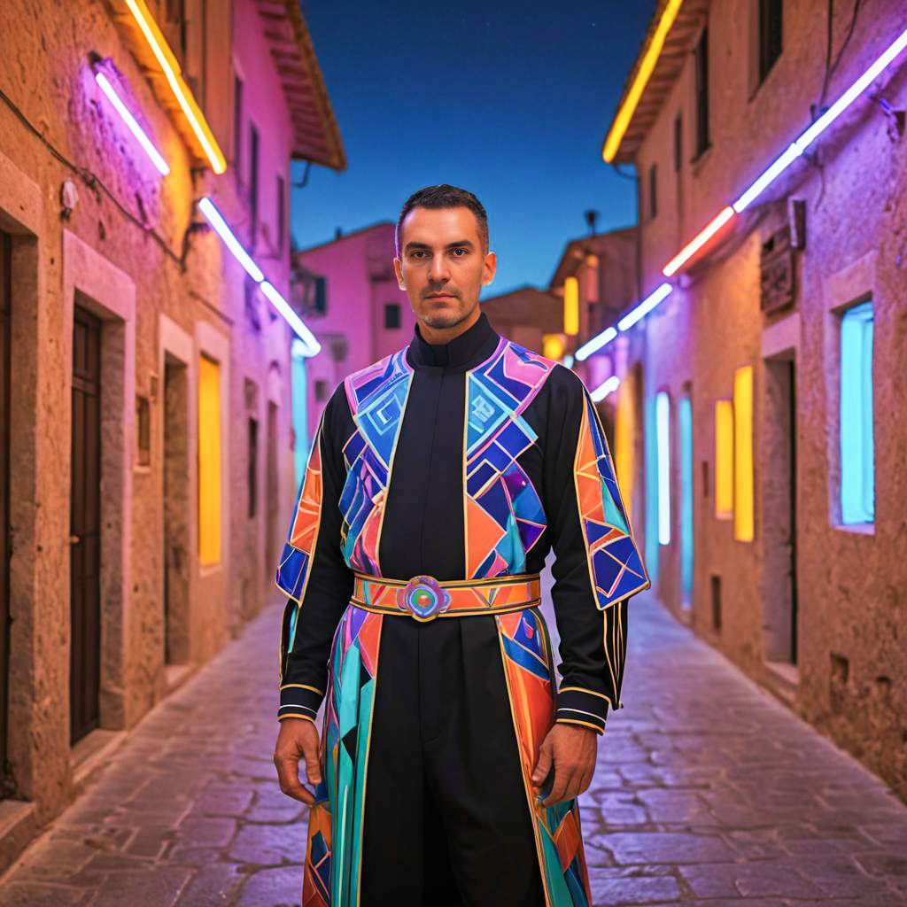 Man in Vibrant Geometric Outfit in Neon Alley