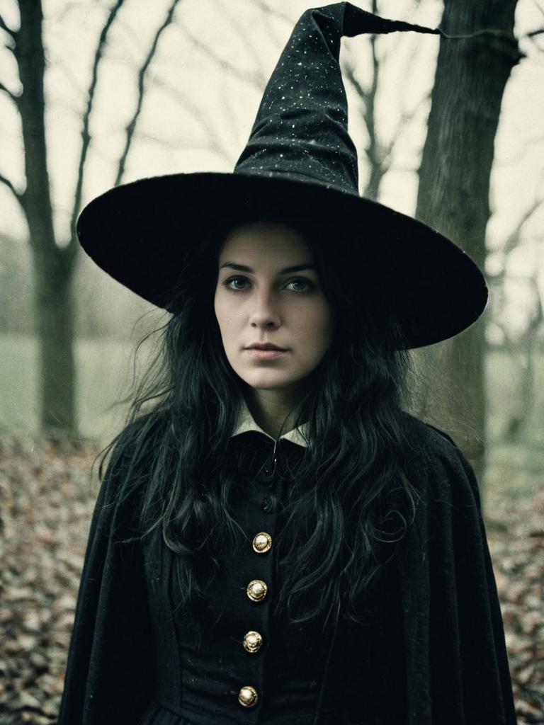 Woman Wearing Traditional Witch Costume in Forest Setting
