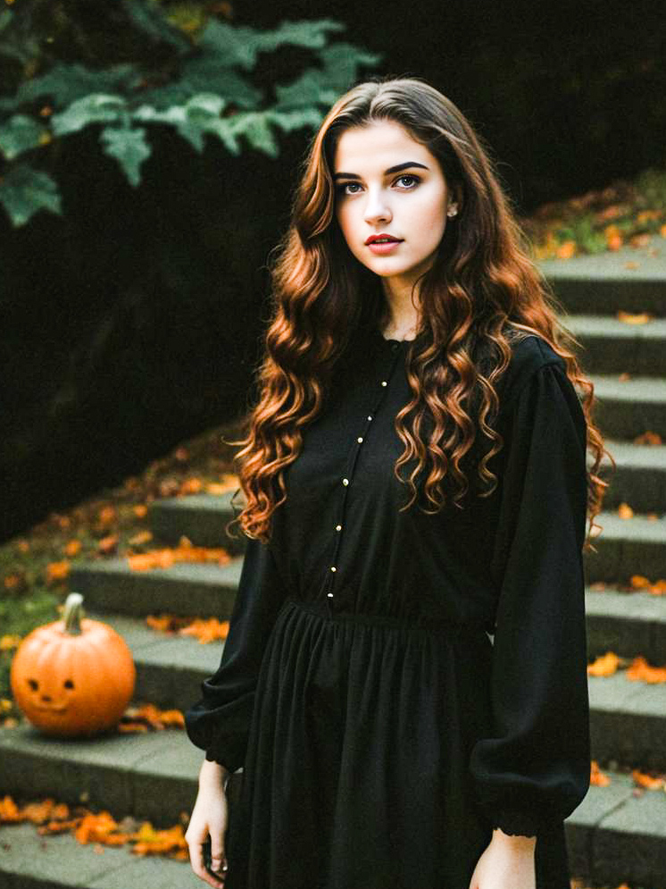 Young Woman in Black Dress Among Autumn Leaves