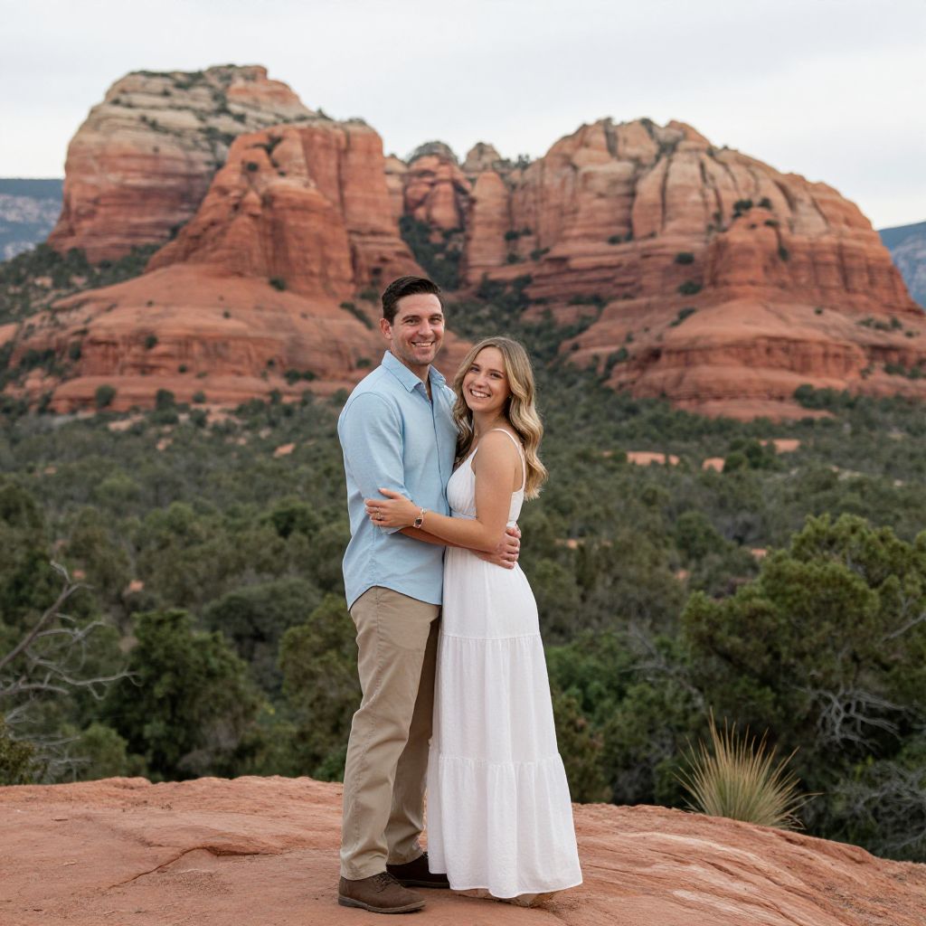 Couple Embracing in Front of Red Rock Formations in Scenic Outdoor Setting