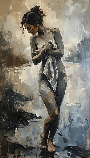Expressive Oil Painting of Woman in Contemplative Pose with Cloth - Contemporary Impressionism