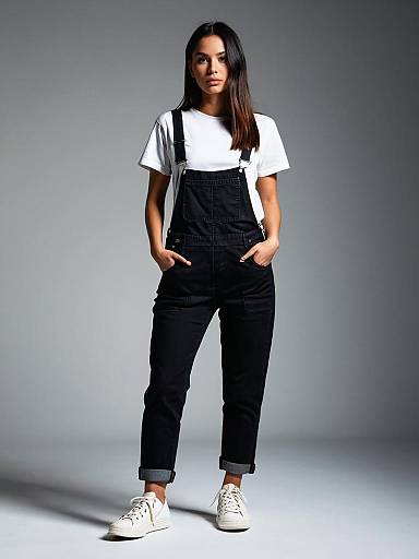 Woman in Casual Black Denim Overalls with White T-Shirt and Sneakers