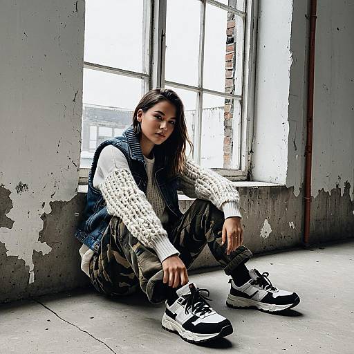 Urban Streetwear Woman in Chunky Knit Sweater and Camo Pants Sitting by Window