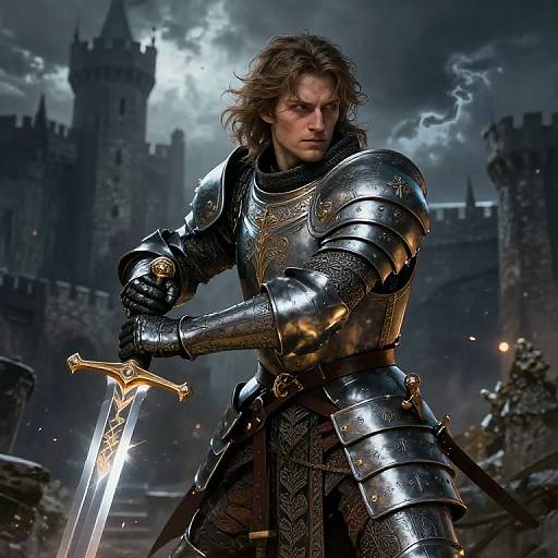 Medieval Knight in Detailed Armor Holding Sword Outside Castle