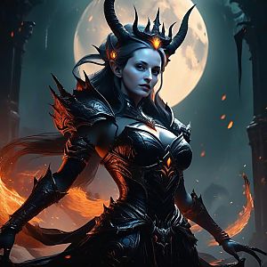 Fierce Woman in Dark Armor Under Full Moon