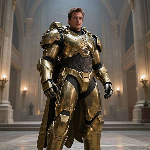 Man in Golden Futuristic Armor Standing in Grand Classical Hall