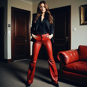 Confident Woman in Red Leather Pants and Blazer