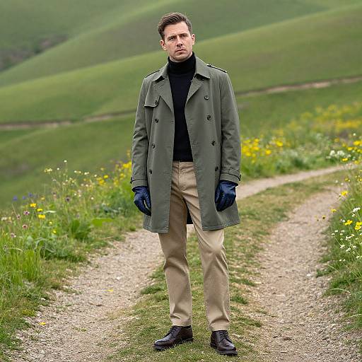 Stylish Man in Trench Coat and Gloves on Country Path