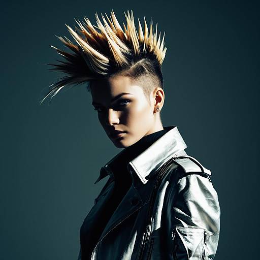 Punk Woman with Blonde Spiked Mohawk and Metallic Silver Jacket