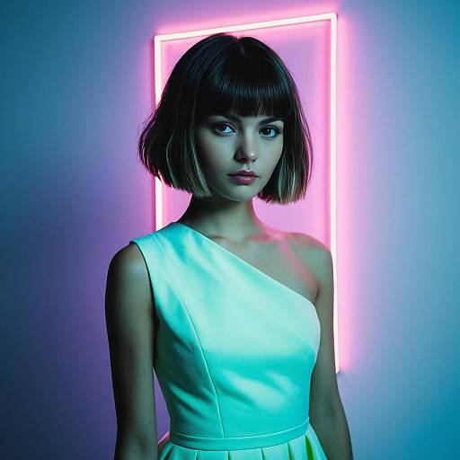 Young Woman in One-Shoulder Dress with Neon Pink and Blue Lighting