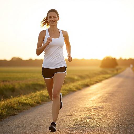 Woman Jogging on Rural Path at Sunrise Golden Hour