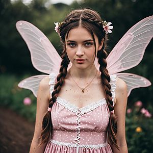 Young Woman in Pink Fairy Costume with Twin Braids and Flower Wings