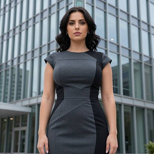 Confident Woman in Grey and Black Dress Outside Modern Office Building