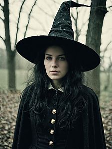 Woman Wearing Traditional Witch Costume in Forest Setting