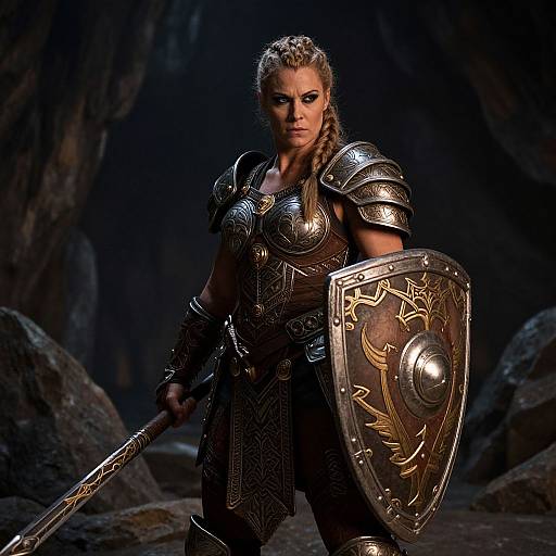 Woman Warrior in Medieval Armor with Sword and Shield in Dark Cave