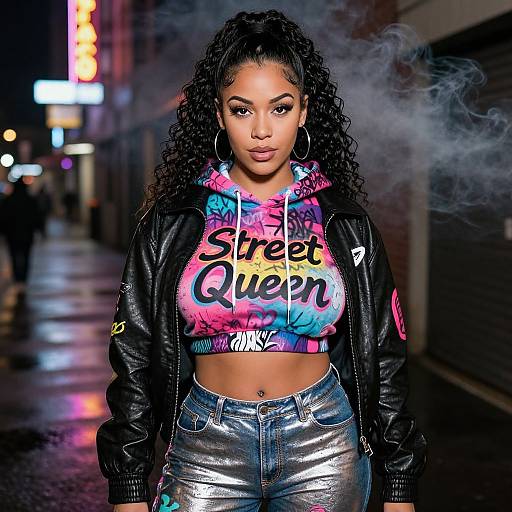 Urban Street Style Woman Wearing Street Queen Cropped Hoodie and Metallic Pants