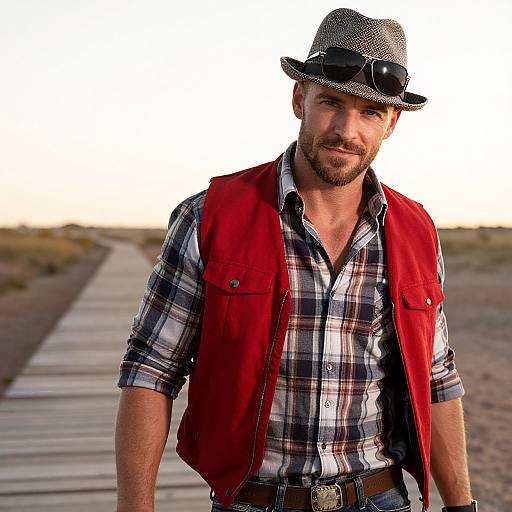 Stylish Man in Red Vest and Fedora on Outdoor Boardwalk