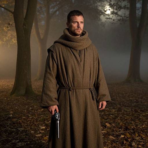 Man in Brown Robe Holding Revolver in Misty Forest at Night
