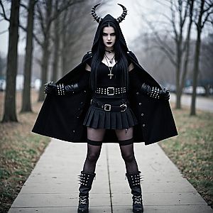 Goth Outfit with Horns and Spiked Accessories Woman in Black Costume