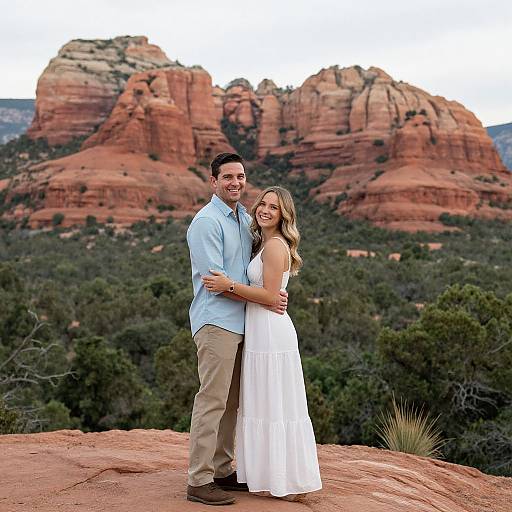 Couple Embracing in Front of Red Rock Formations in Scenic Outdoor Setting