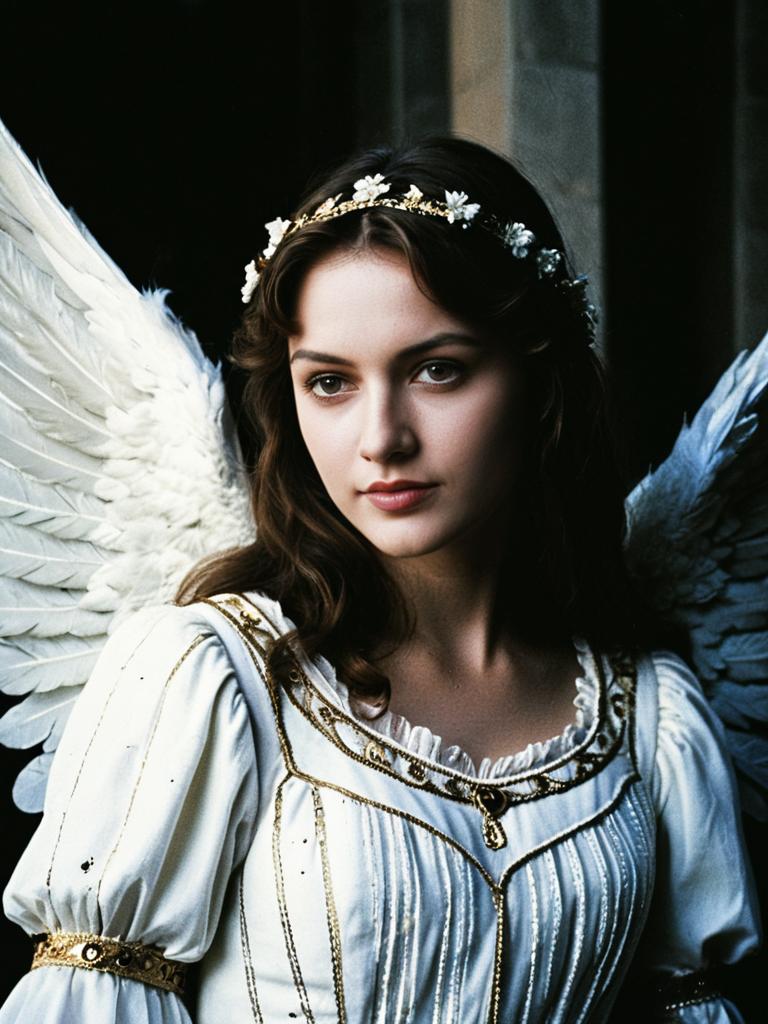 Romeo Juliet Angel Costume Woman with Feather Wings in Vintage Dress