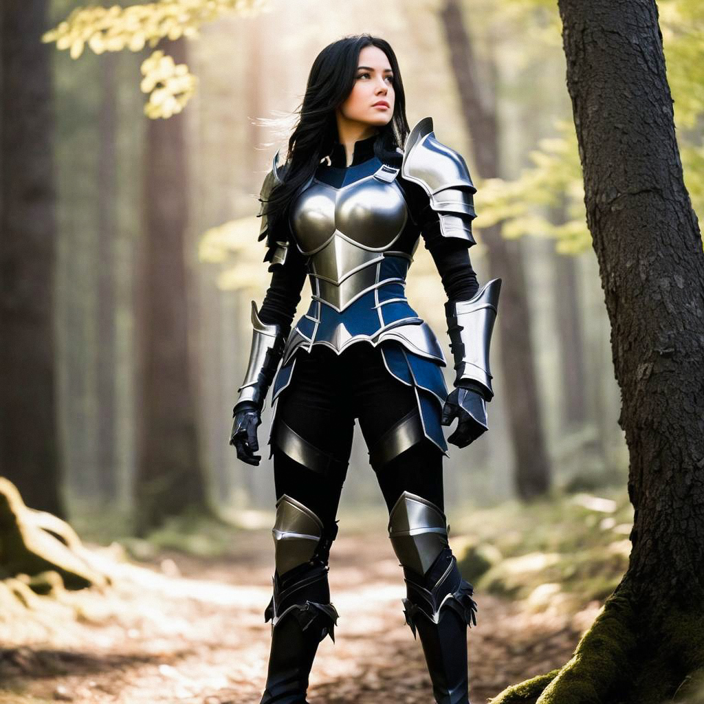 Confident Woman in Medieval Armor in Sunlit Forest