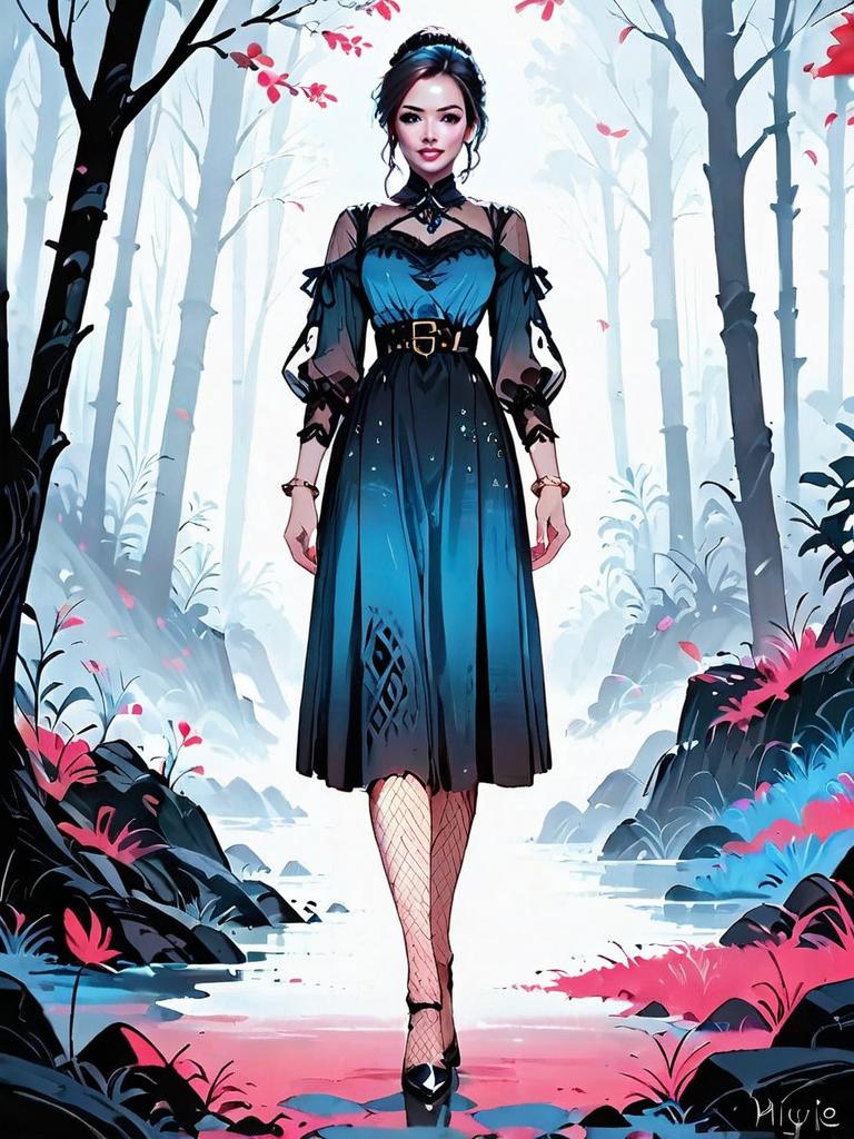 Dark Fantasy Medieval Woman in Mystical Forest Digital Art Illustration