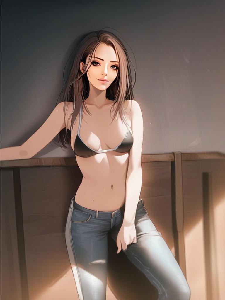 Anime-Style Digital Art of Woman in Bikini Top and Jeans Leaning on Wood