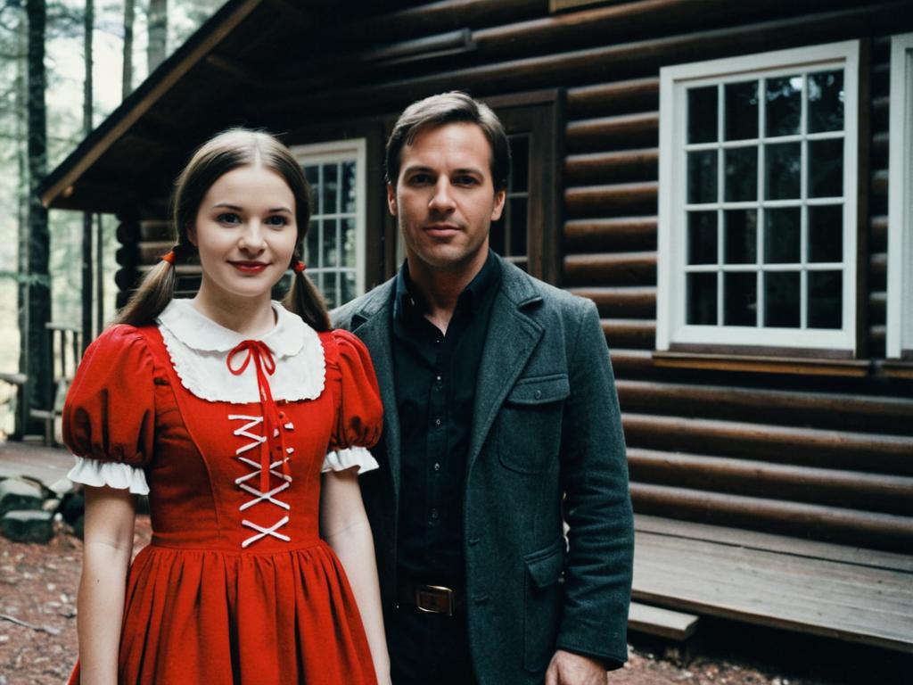 Hansel and Gretel Costume Woman in Red Dress Standing by Man Outside Cabin