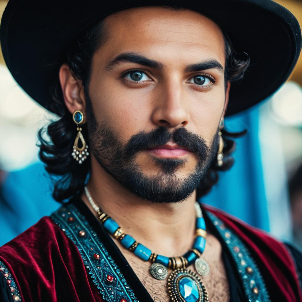 Elegant Bohemian Man with Blue Eyes and Velvet Garment