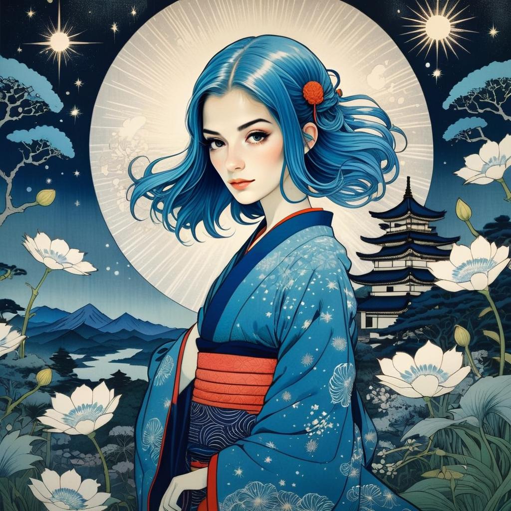 Woman in Kimono with Blue Hair Under Full Moon Woman in Kimono with Blue Hair Under Full Moon