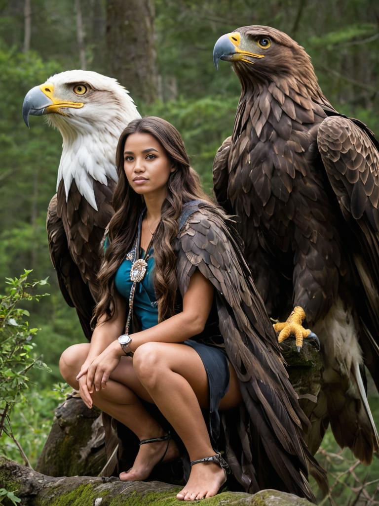 Eagle Lady: Serene Woman with Majestic Eagles in Nature